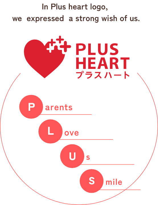 Parents Love Us Smile In Plus heart logo,we expressed a strong wish of us PLUS HEART プラスハート